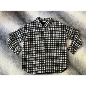Pink Lily Plaid White Black Lined Flannel Shacket Back Fringe Size Large Western